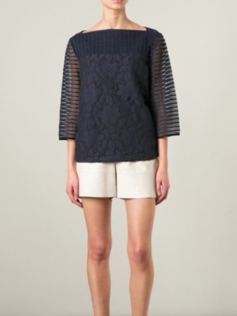 Tory Burch Navy Blue Floral Lace Sheer Sleeve Blouse Top Size S/P Small
